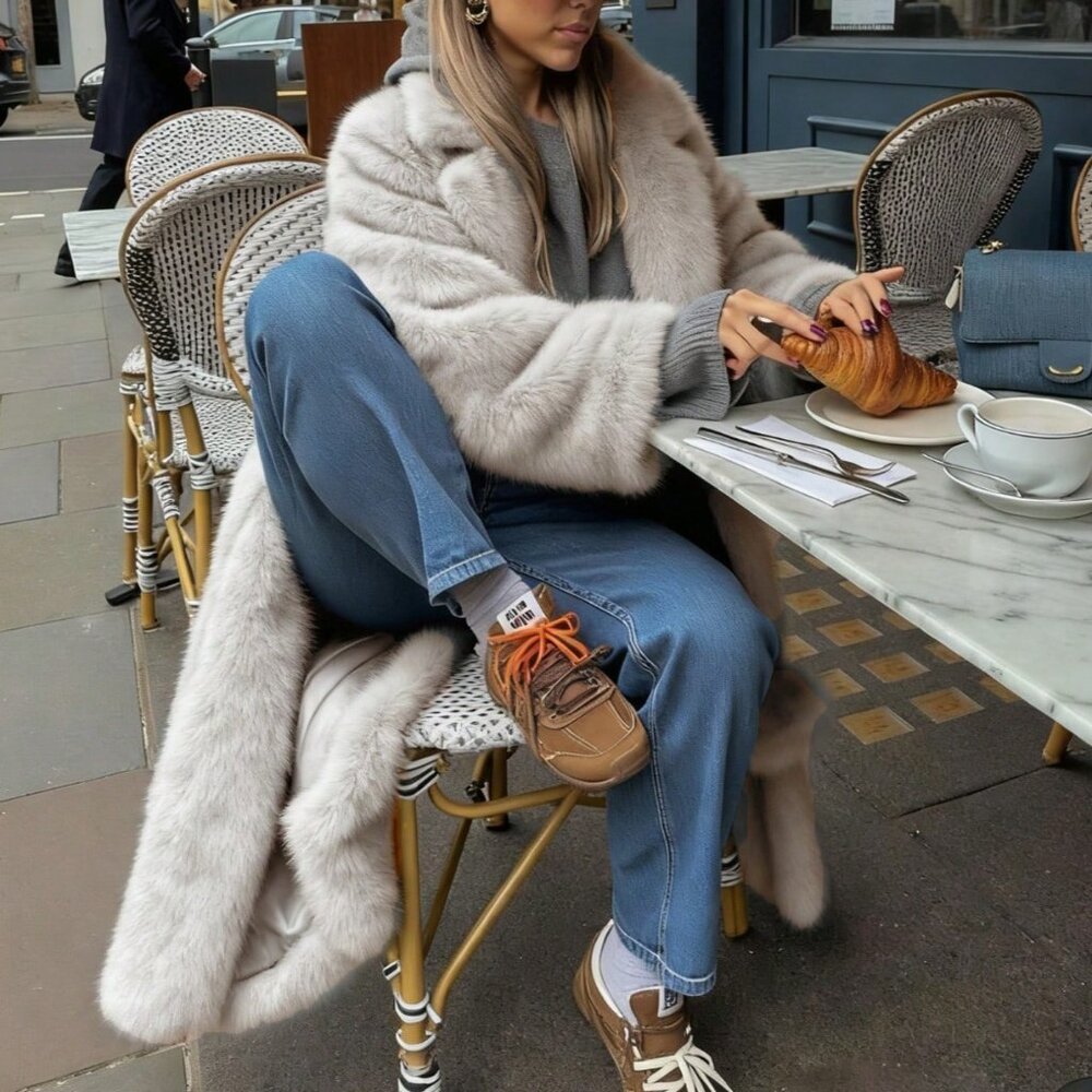 White Casual Women's Loose Fit Faux Fur Coat